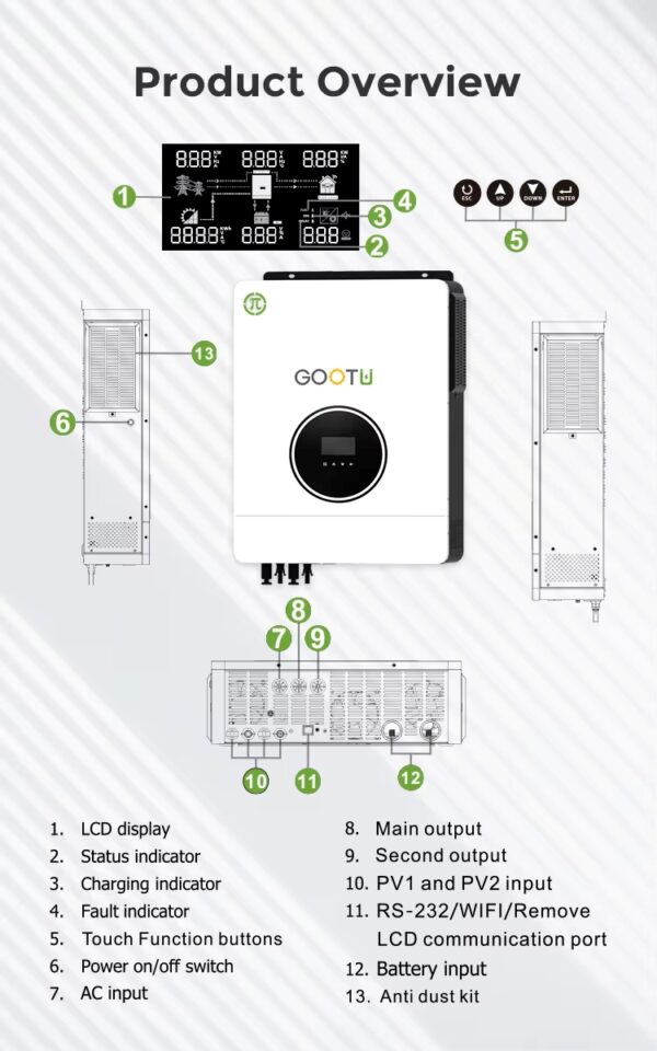 GOOTU 10.2KVA Grid Tie Solar Inverter 160A MPPT Solar Charge Controller 10.2KW 48V Hybrid Solar Inverter.